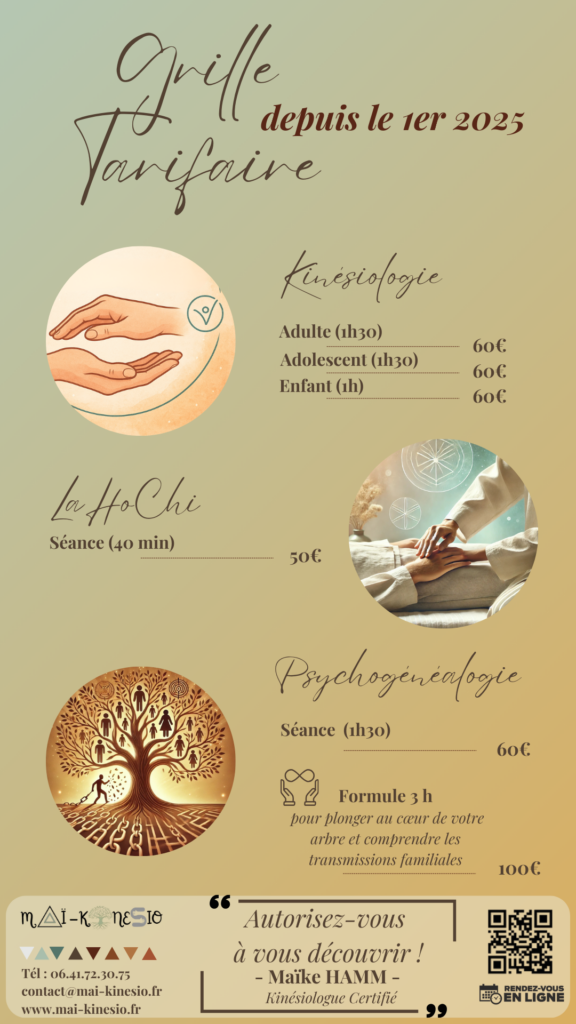 Évolution des tarifs des séances de kinésiologie, LaHoChi et psychogénéalogie chez MAÏORAH à partir du 1er mai 2025